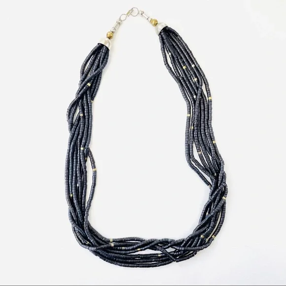 Vintage 1970s Coconut Shell Bead Black & Metallic Necklace - Picture 11 of 12